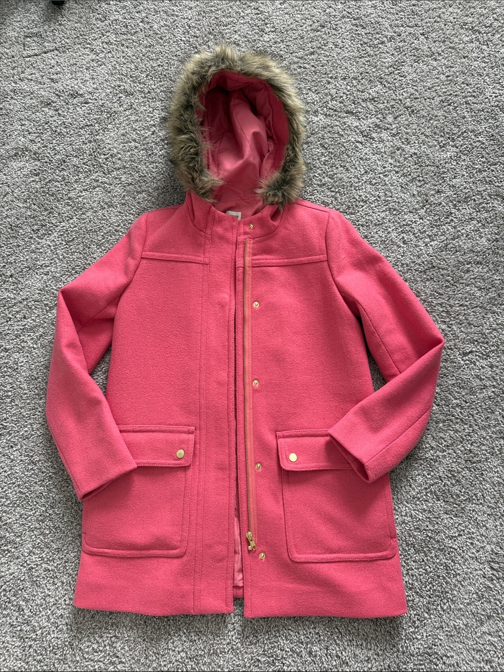 J. Crew Women’s Pink Wool Hooded Pea Coat with Faux Fur Trim - Size 0
